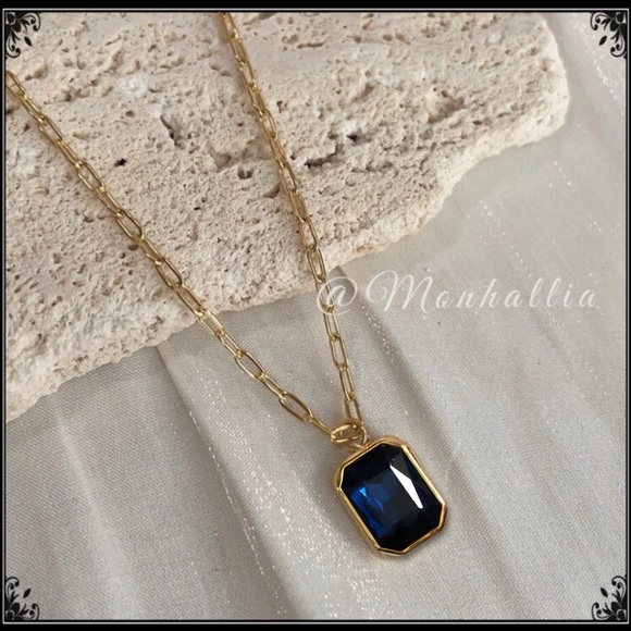 14k Gold Deep Ocean Blue Emerald Cut Crystal Minimalist Necklace - Picture 4 of 6